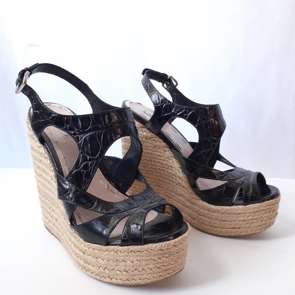 Miu Miu Shoes - Miu Miu Black Croc Leather Platform Espadrille Wedge Sandals Size 39 Designer